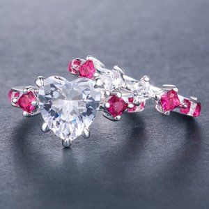 925 Silver Plated Red 2 PCs Heart CZ Couple Ring, MLNN1006